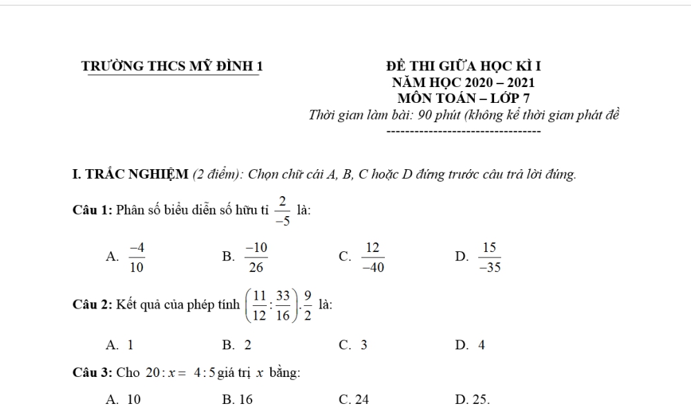 Toán 7: Đề thi giữa học kỳ 1. Trường THCS Mỹ Đình 1 năm học 2020-2021